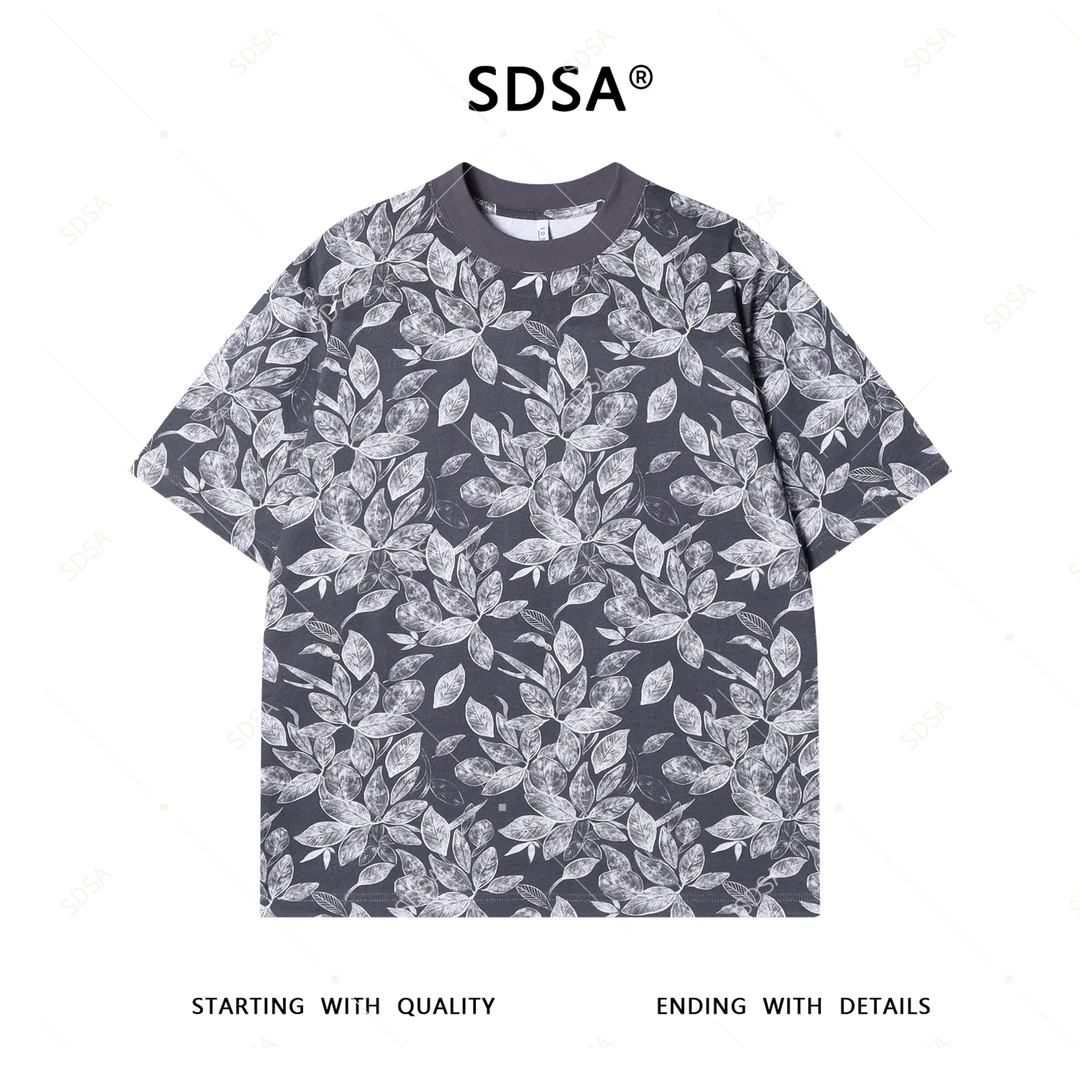 夏季高级感新款男士美式撞色花卉满印设计短袖T恤复古圆领上衣