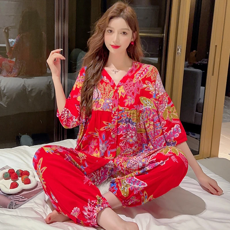2025新款棉绸睡衣女士春夏季七分袖长裤薄款两件套装空调服家居服