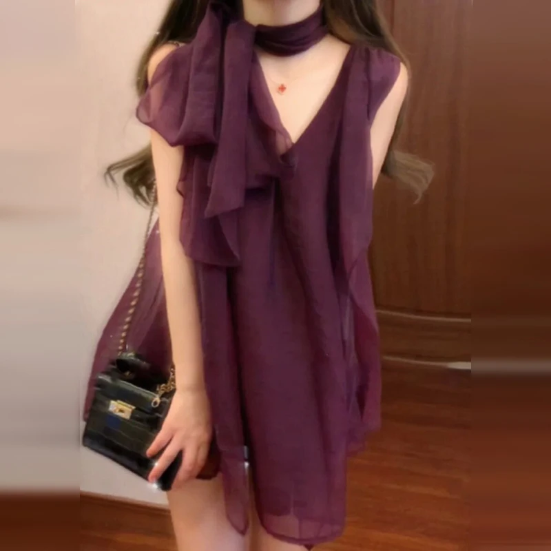 特价法式无袖挂脖雪纺吊带背心女夏季2025新款薄款宽松小上衣4294