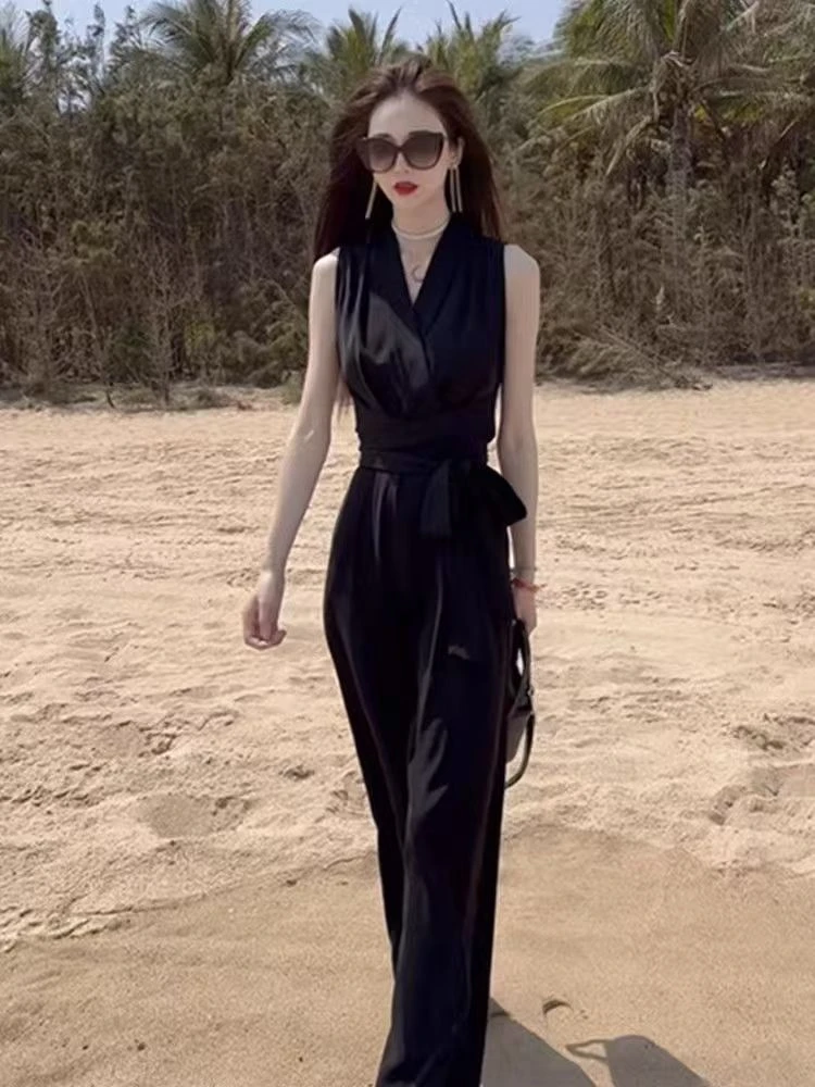 丁达尔时尚新款气质无袖绑带V领垂感收腰显瘦修身连体阔腿裤女夏