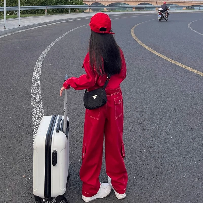 女童牛仔工装套装秋款2025秋季新款中大童时髦女孩休闲运动两件套