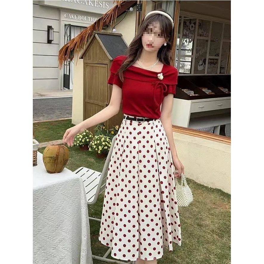 法式设计感短袖上衣波点印花半身裙套装女2025新款减龄穿搭两件套