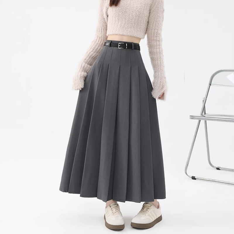 灰色西装长裙子女款爆款2025新款高腰显瘦a字中长气质百褶半身裙