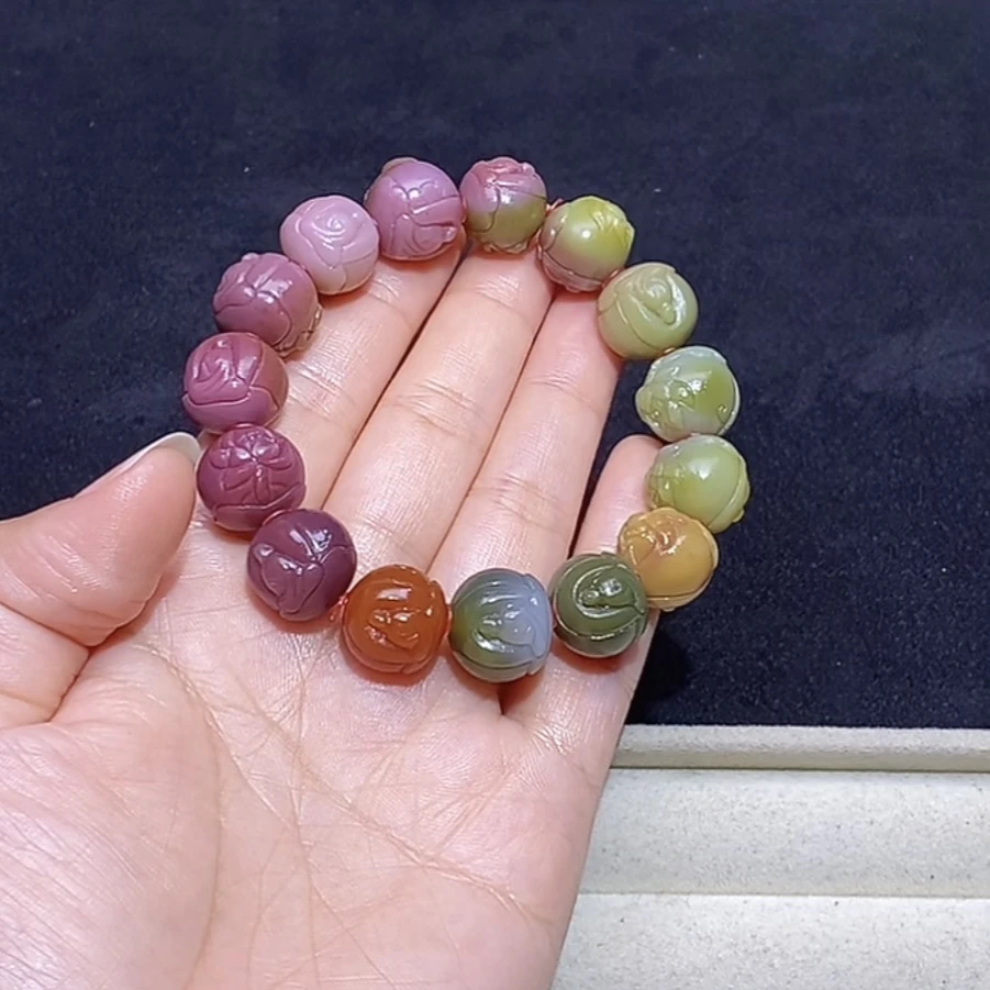 福利大漏四川凉山盐源玛瑙老矿料糖果色系悟道莲花单圈手链46.7g