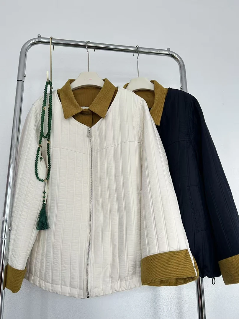 短款女翻领撞色常规款厚款短外套韩系条纹上衣拼接二棉棉衣外套