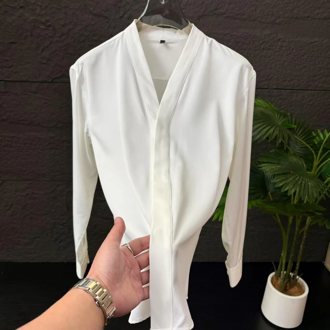 轻奢男士无领衬衫长袖商务休闲百搭时尚轻奢白色衬衣36003