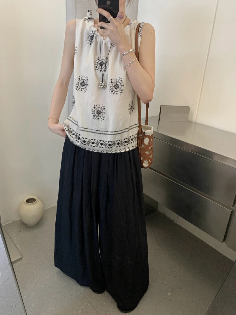 度假风圆领太阳花印花宽松无袖背心3858