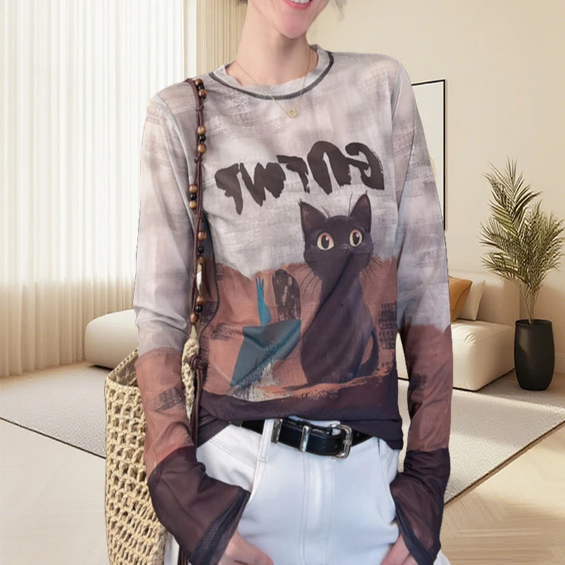 高级感轻奢减龄洋气网纱T恤女装涂鸦印花长袖小众独特别致上衣ins