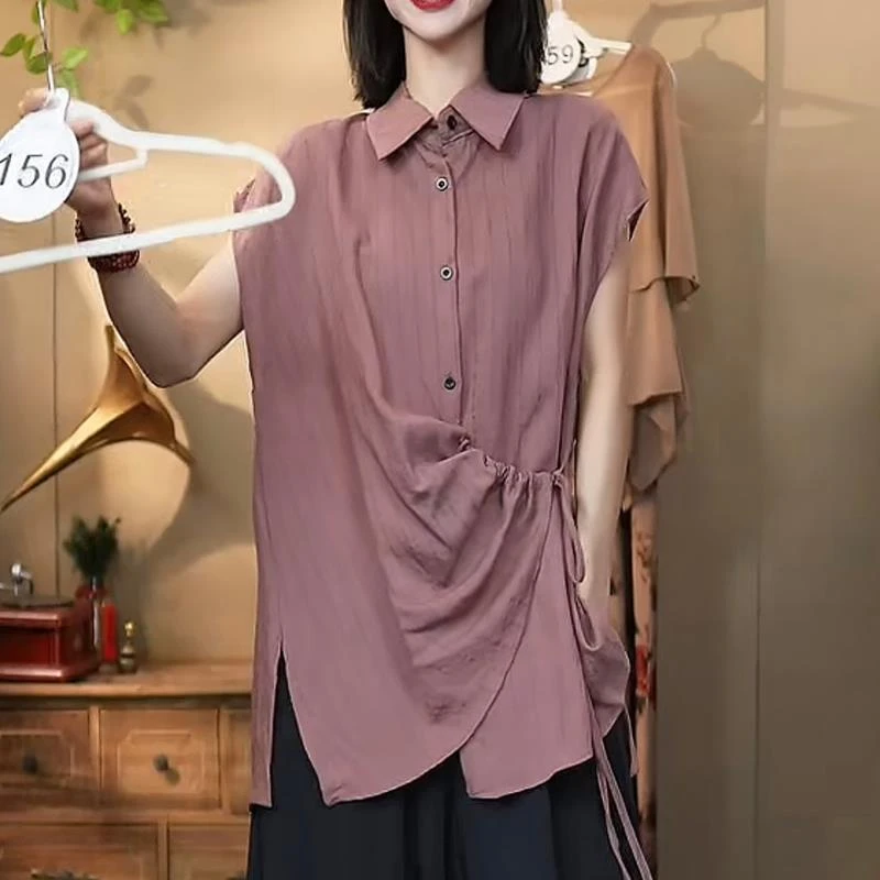 156柔粉随性-宽松闲适浅粉条纹无袖衬衫上衣