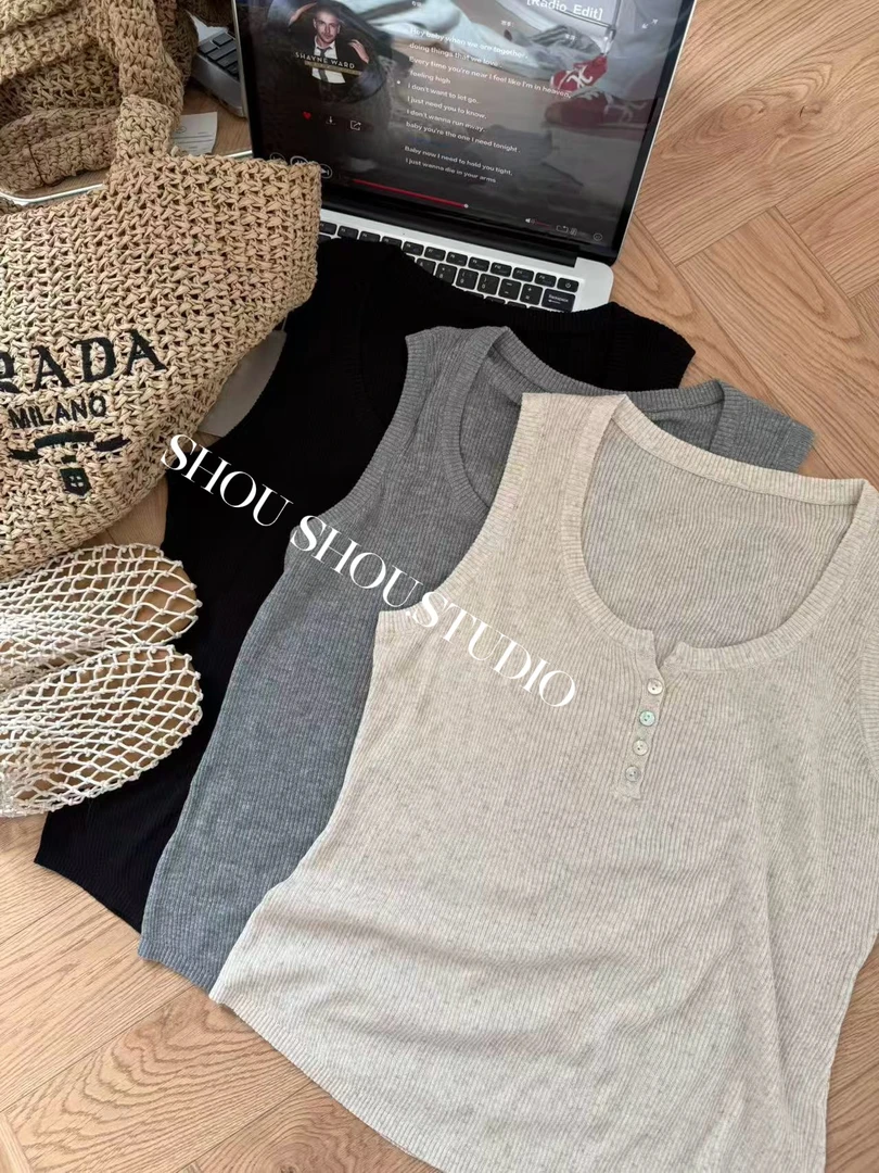 【瘦瘦】大码夏季半门襟竖坑条天丝亚麻收腰显瘦百搭打底背心S01773