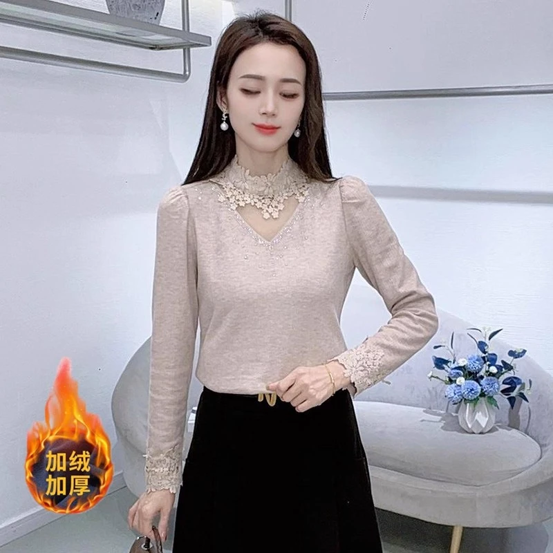 加绒加厚打底衫女2025冬季新款蕾丝花边拼接内搭T恤显瘦百搭上衣