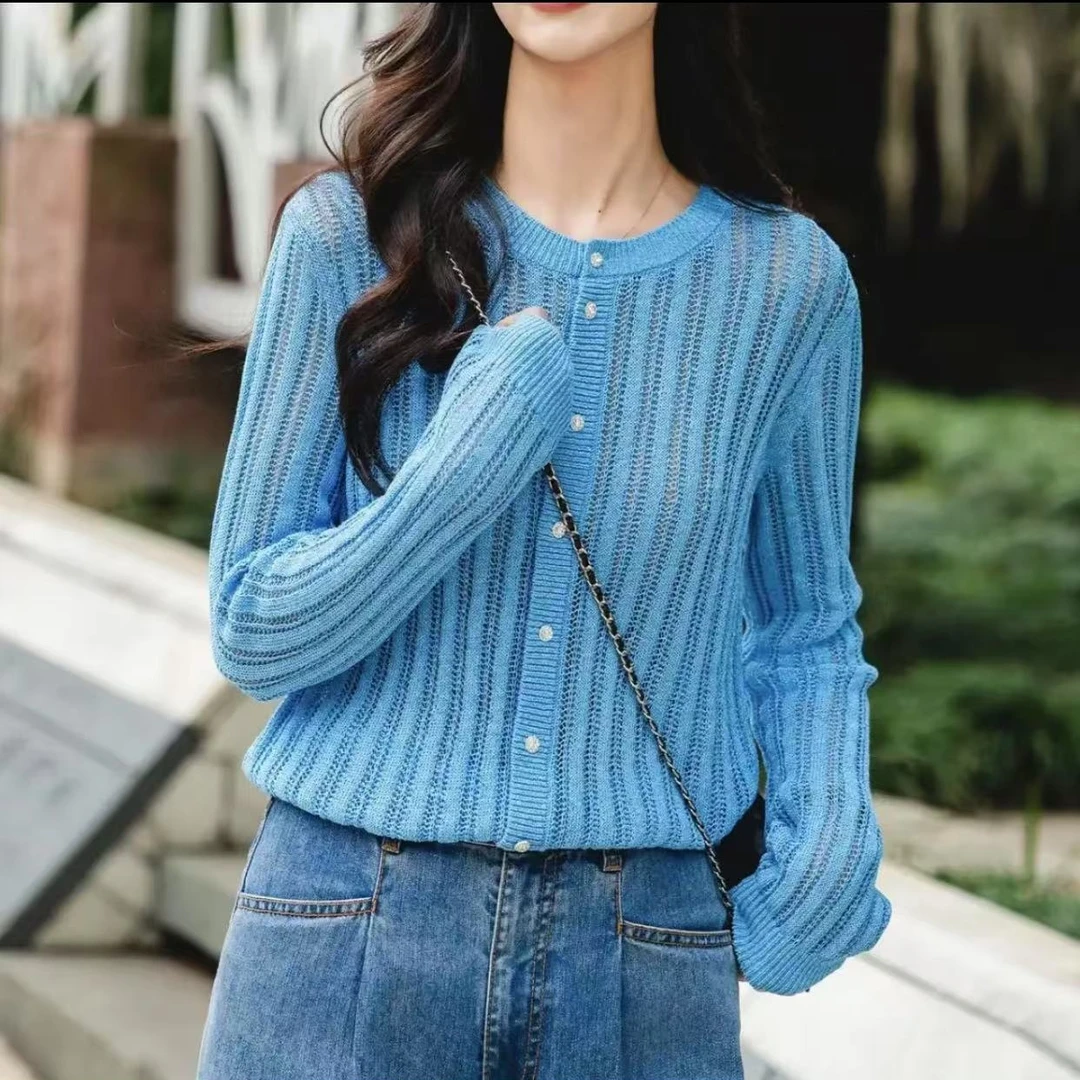 商场专柜女装春秋经典百搭圆领透气简约百搭长袖针织开衫148015