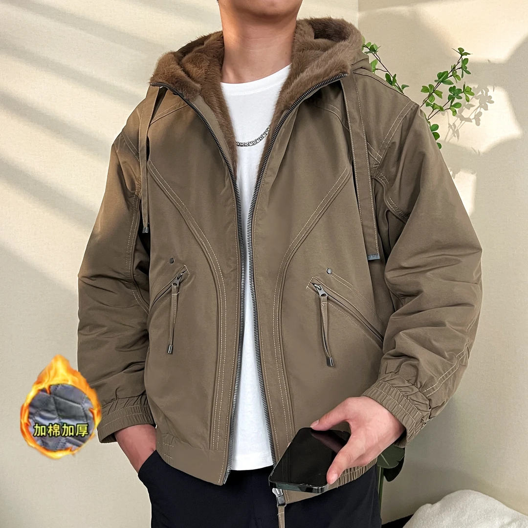 【棉服】2025秋冬季新款时尚连帽棉服加绒加厚工装保暖防风御寒男士