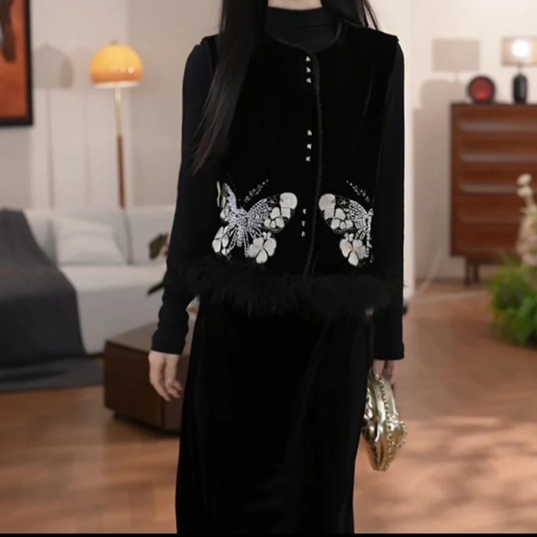 秋季新款复古新中式马甲搭配半身裙套装