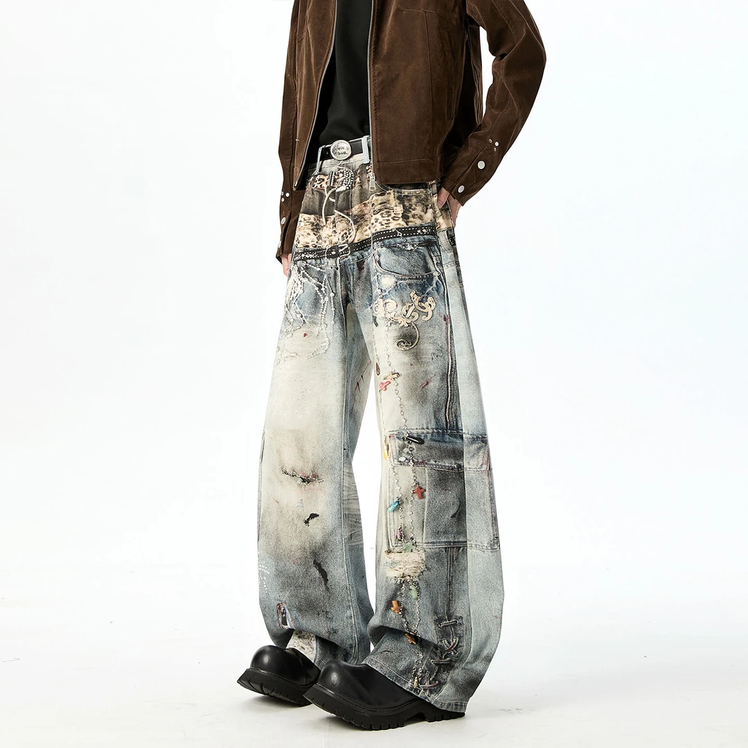 街头刺绣牛仔裤美式复古做旧小众风设计风裤子弯刀牛仔工装阔腿裤