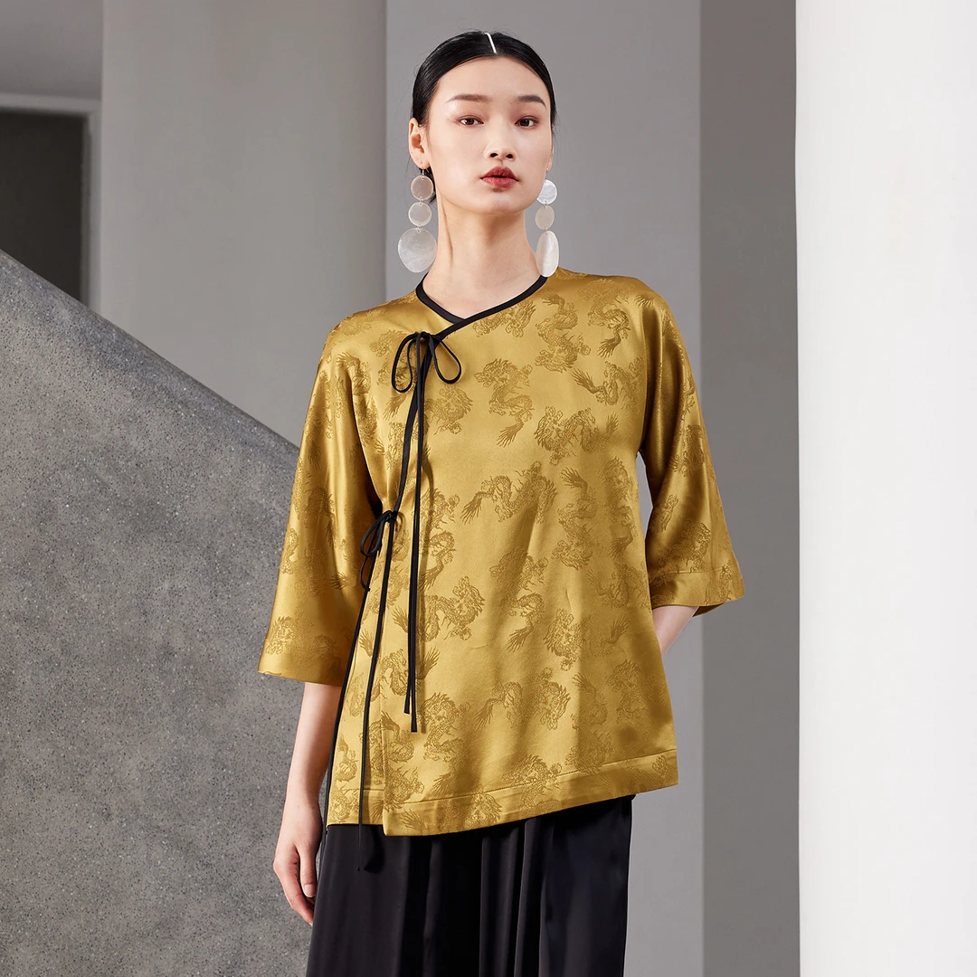 界内界外新中式国风醋酸凉感宽松提花七分袖短款衬衫上衣J42C560