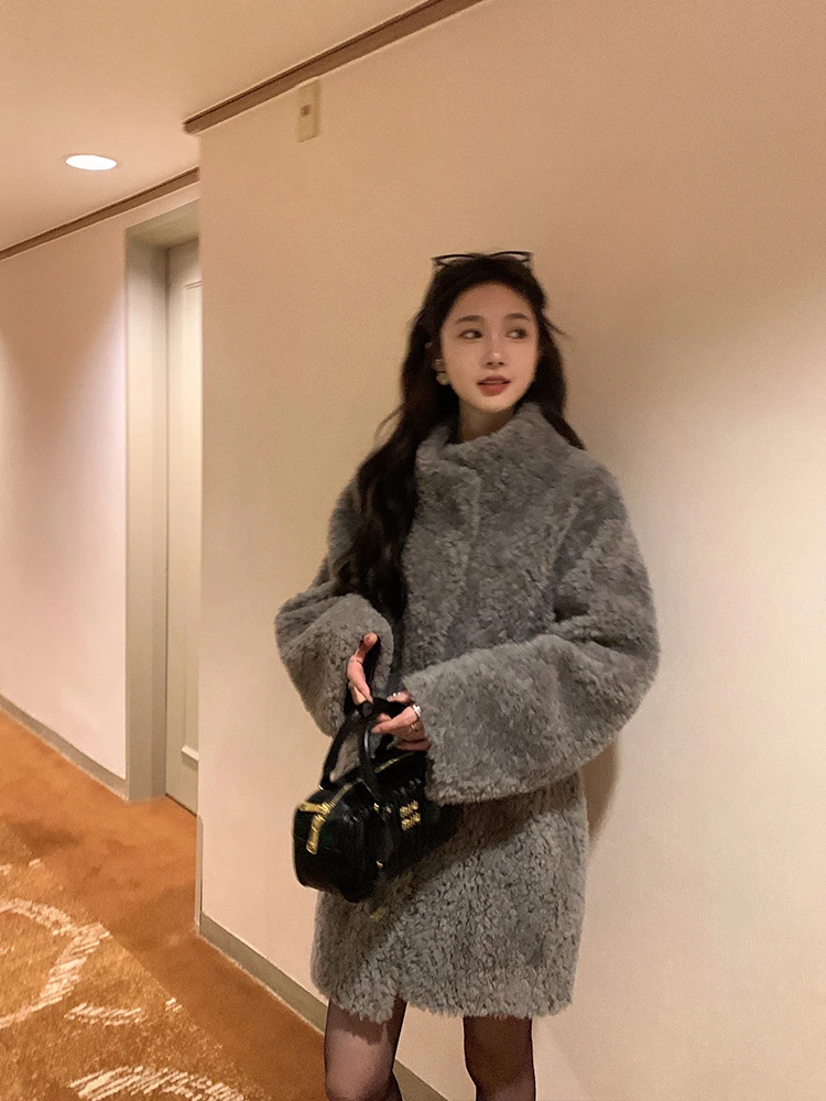 25冬季新款百搭女士外套立领皮毛一体女中长款毛毛大衣