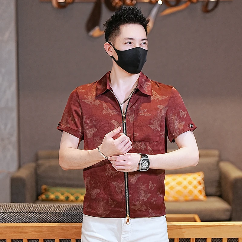 2025夏季新款修身男士珠光缎面鎏金蝴蝶花翻领双拉链短袖衬衫