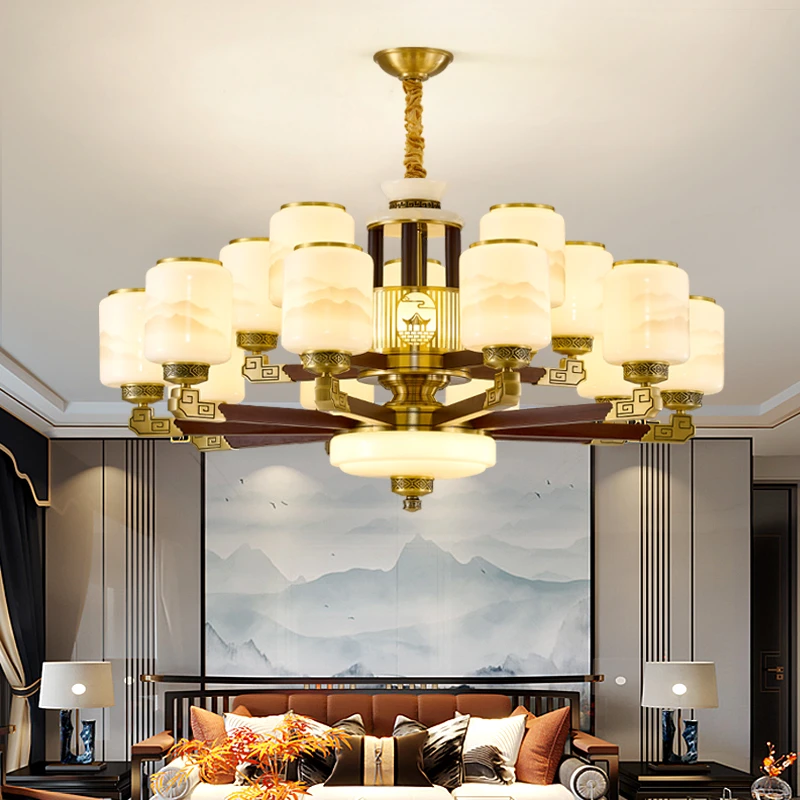 福灯堡中式吊灯铜+沙比利木餐厅吊灯客厅高档大气大厅别墅新中式