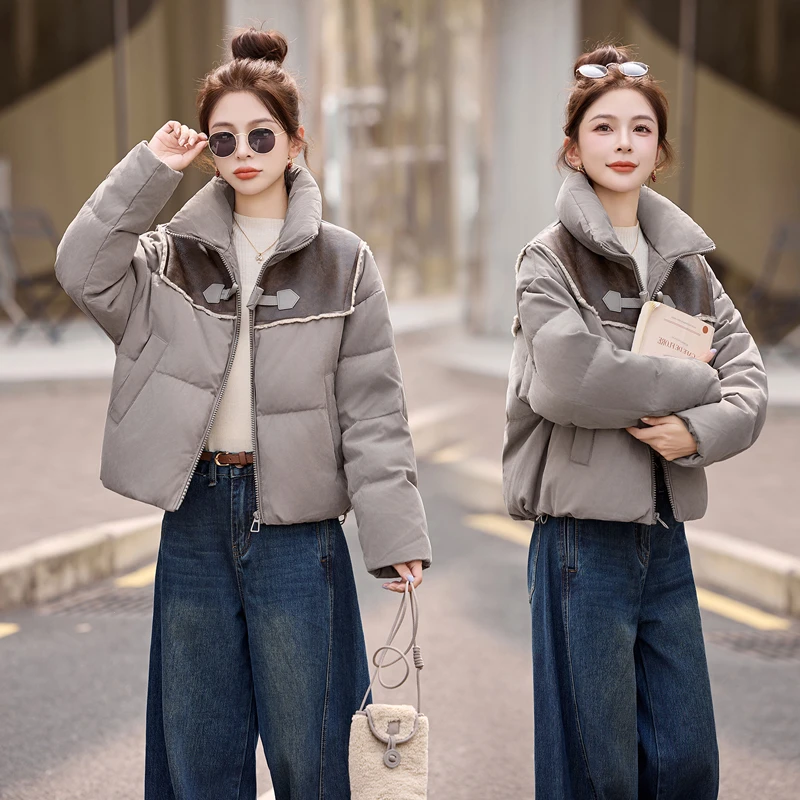 休闲风时尚保暖女短款厚款白鸭绒羽绒服外套2025秋冬拼接百搭显瘦