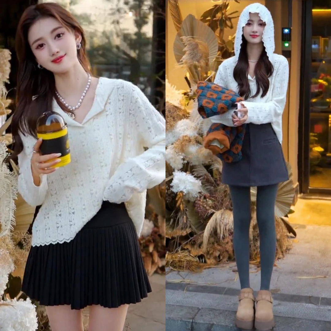 韩系时尚镂空蕾丝钩花连帽针织衫女秋季2025新款叠穿内搭打底上衣