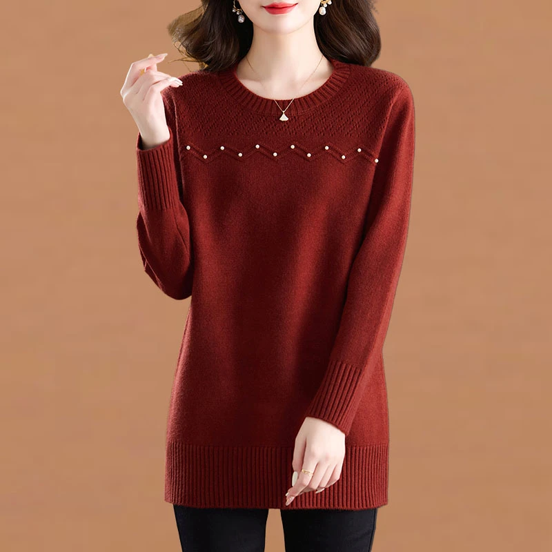 2025新款秋冬季针织打底衫女内搭中长款钉珠宽松打底遮屁股毛衣裙