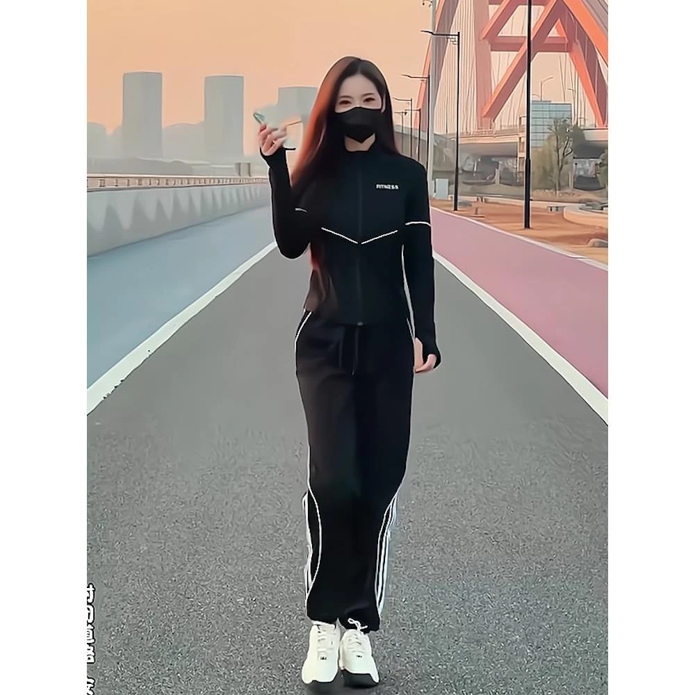 黑色连帽时尚健身长裤春秋高腰阔腿宽松休闲运动风套装气质两件套