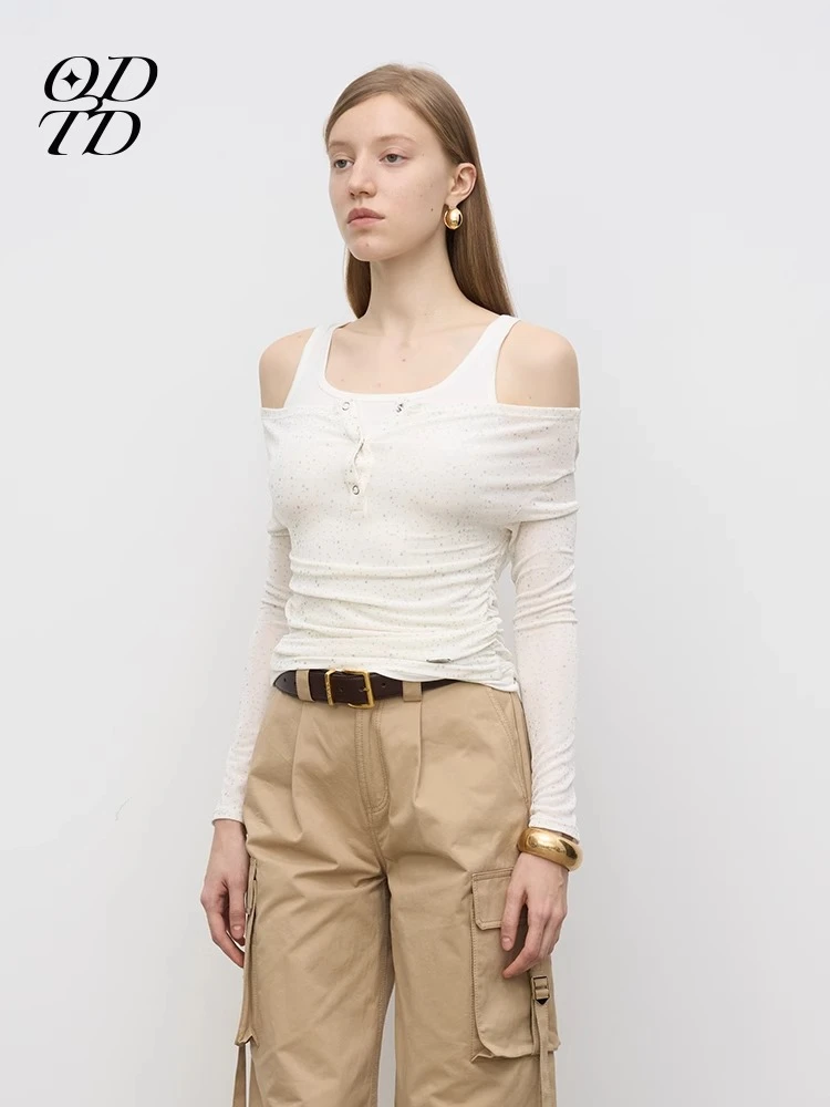 ODTD25春夏新品银闪高弹力一字肩上衣修身显瘦打底衫