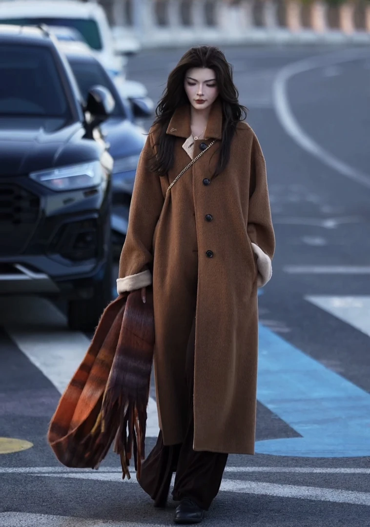 88026-高定设计师秋冬厚款羊毛翻领女毛呢外套纯色可露丽风
