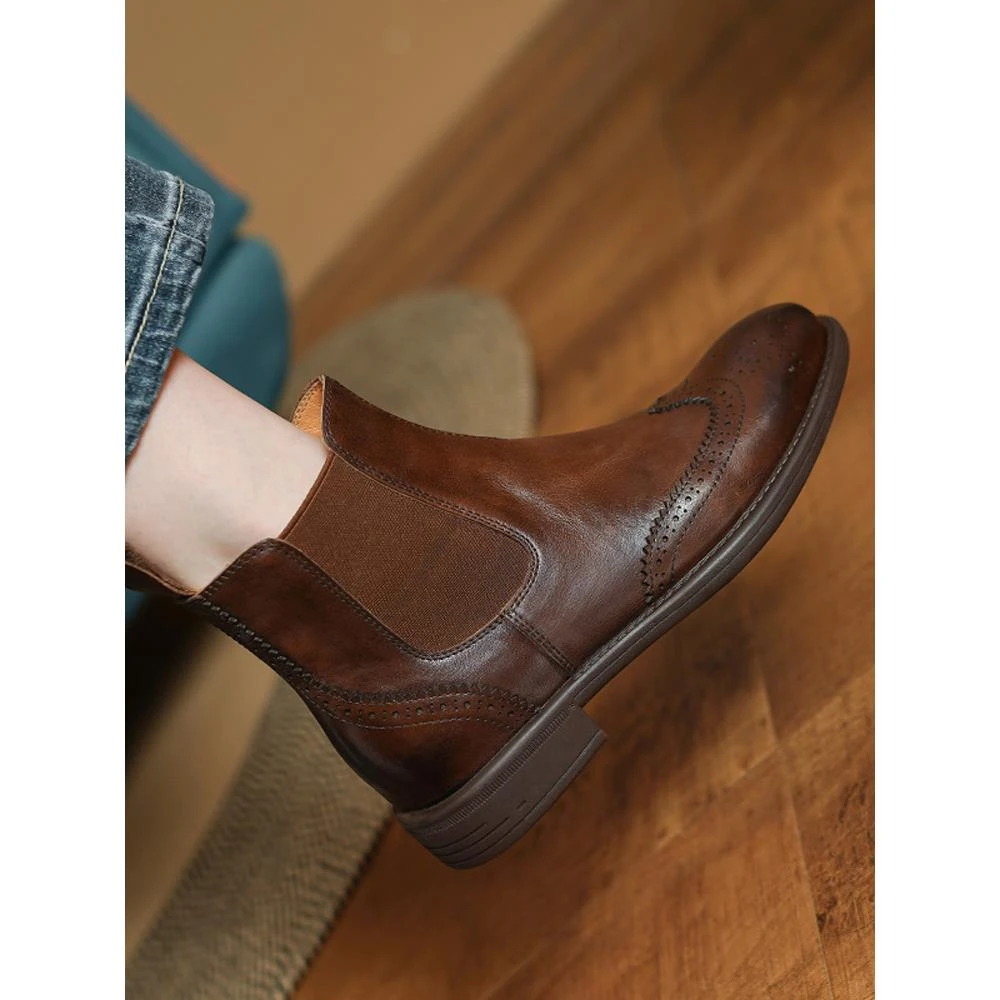 手工真皮！布洛克雕花切尔西短靴女春秋新款英伦风覆古平底短靴子