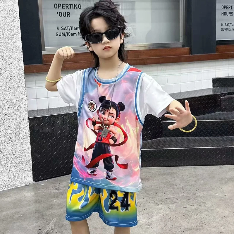 哪吒系列儿童篮球服短袖套装男女童背心比赛训练队服学生运动球衣
