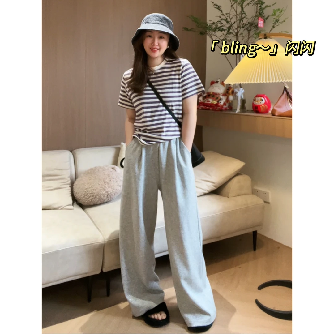 亮闪闪抽绳微胖女生高腰直筒裤运动百搭垂感宽松显瘦休闲裤D1175