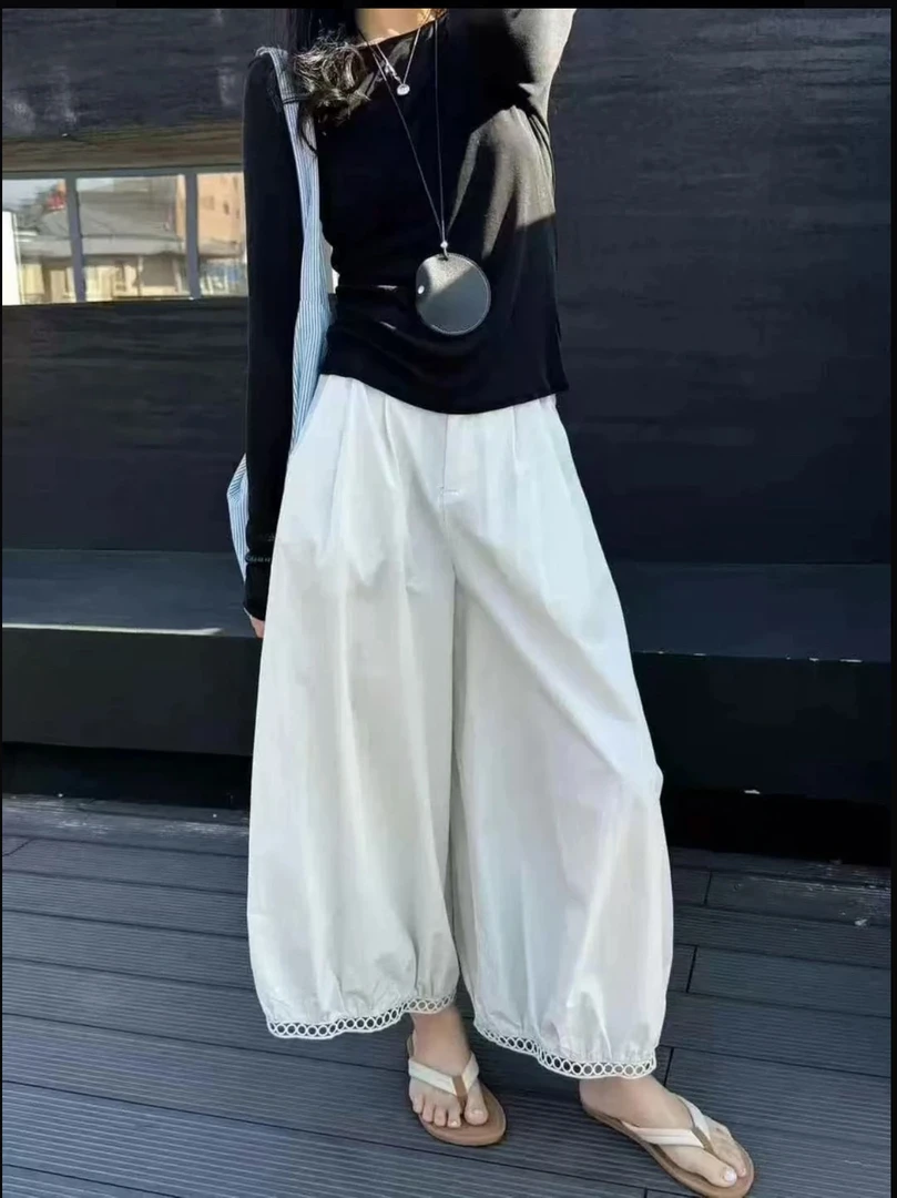 欧货蕾丝镂空款花边设计感阔腿裤灯笼九分裤