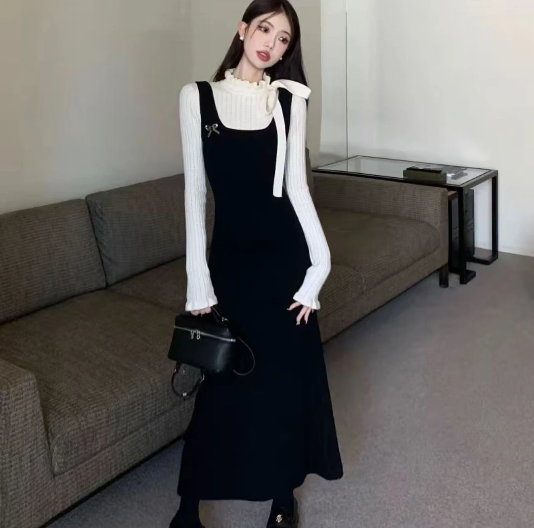 韩国小镇~假两件法式复古针织气质时尚女装连衣裙
