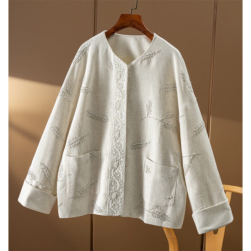 春天家 篙阶重工 日常新中式苎麻钉珠刺绣圆领长袖外套女9U81 特
