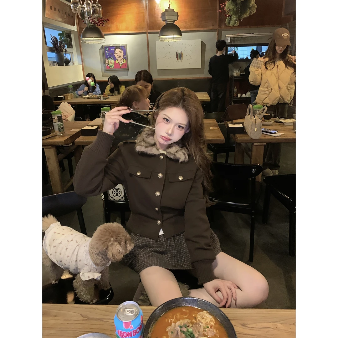 麻吉麻吉mochi【焦糖可颂】毛领长袖厚款保暖外套秋冬百搭裙裤套装