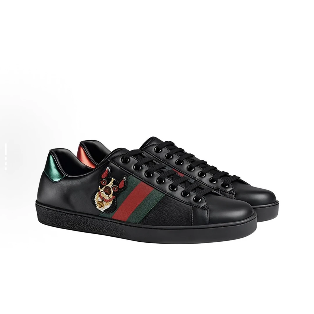 99新 GUCCI/古驰 黑色刺绣法斗板鞋 轻微压痕 无盒
