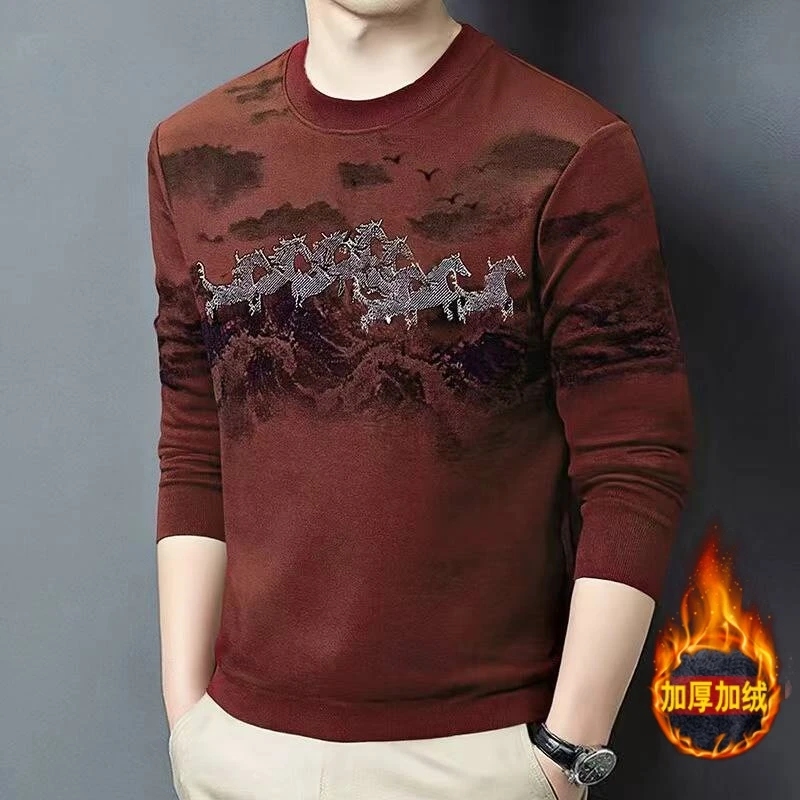 【加绒两件装】男士冬上衣高品质打底卫衣骏马系列长袖圆领时尚内搭