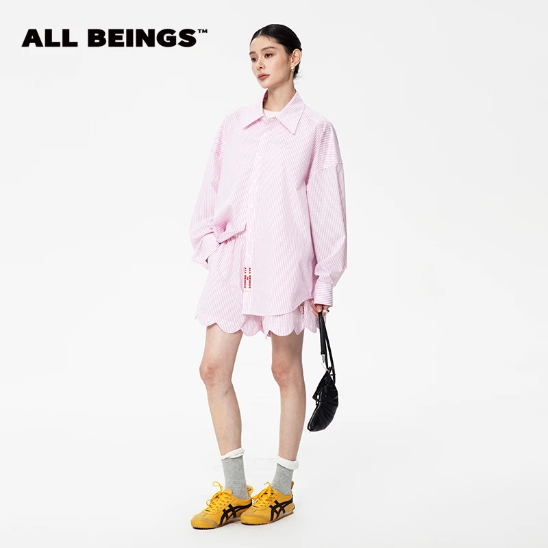 ALL BEINGS25年春夏设计师新款粉色条纹刺绣休闲时尚廓形感衬衫