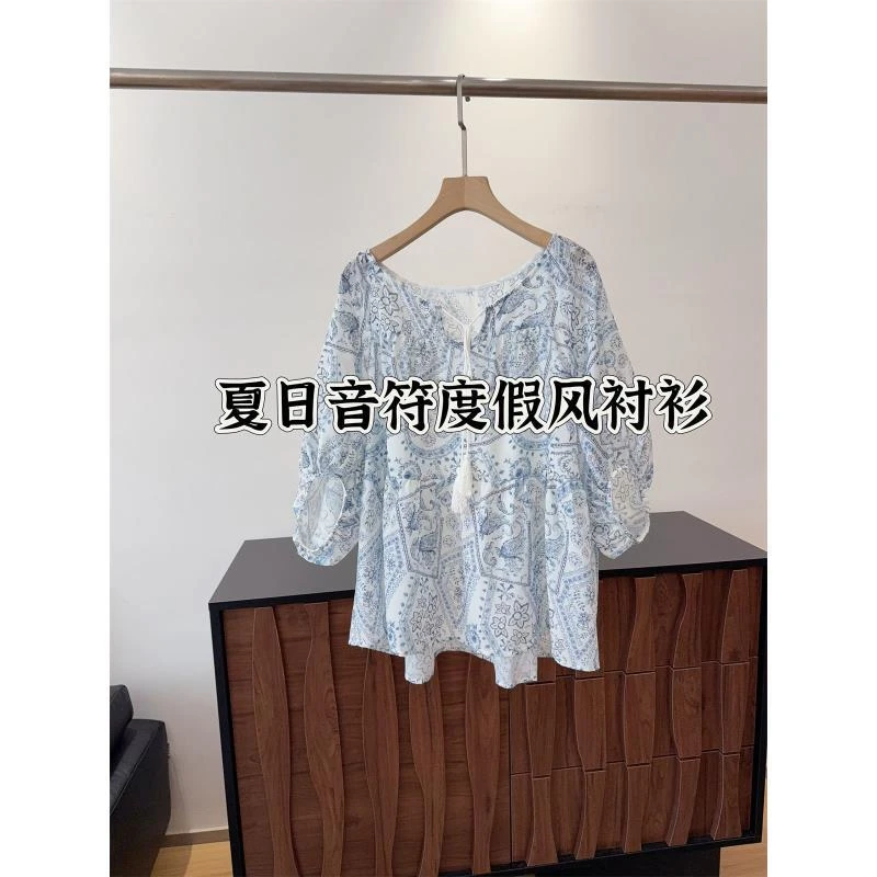 清冷感海岛风圆领系带印花度假小衫衬衫女新