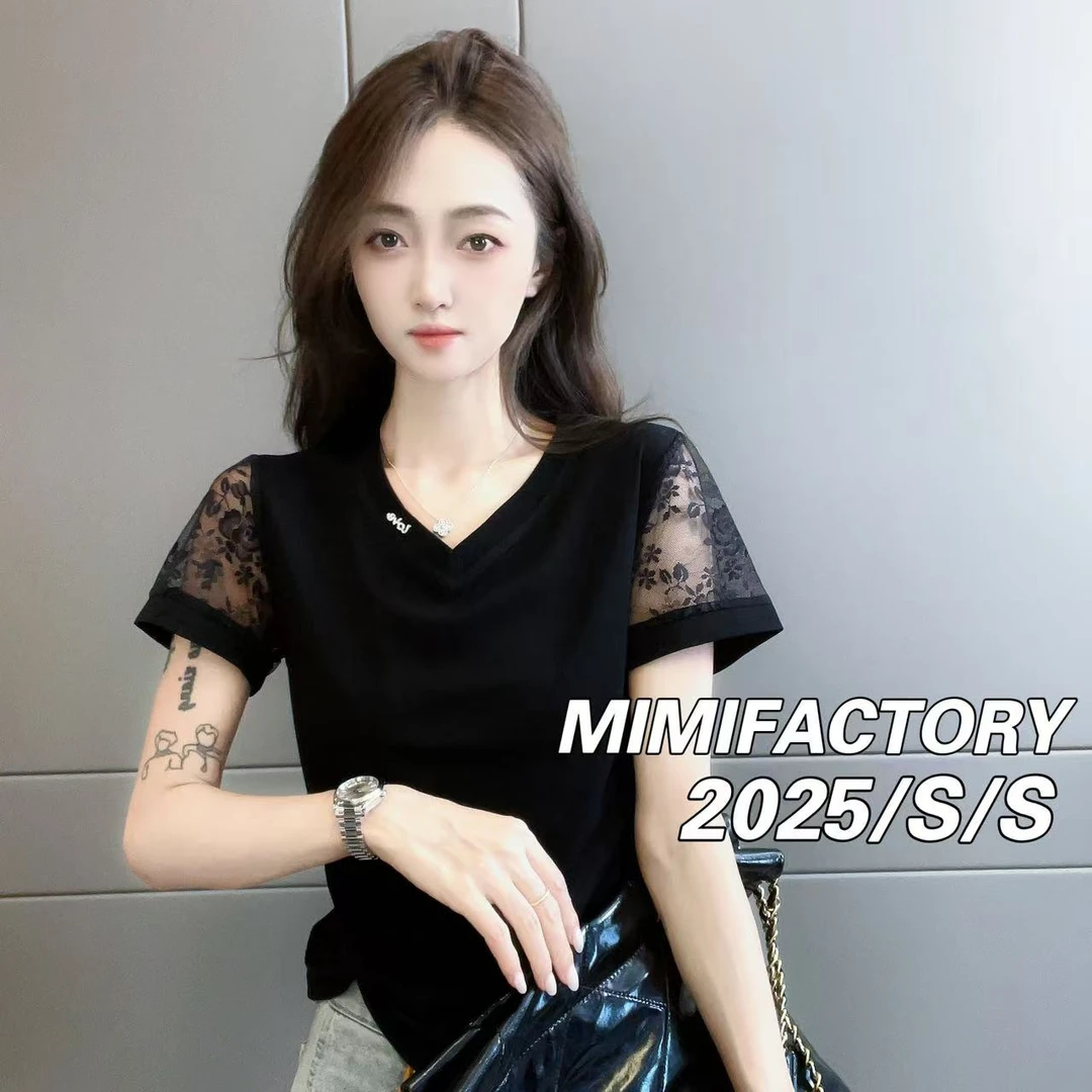 芈芈 2025夏季新款 蕾丝拼接V领显瘦短袖T恤女时尚修身上衣#026
