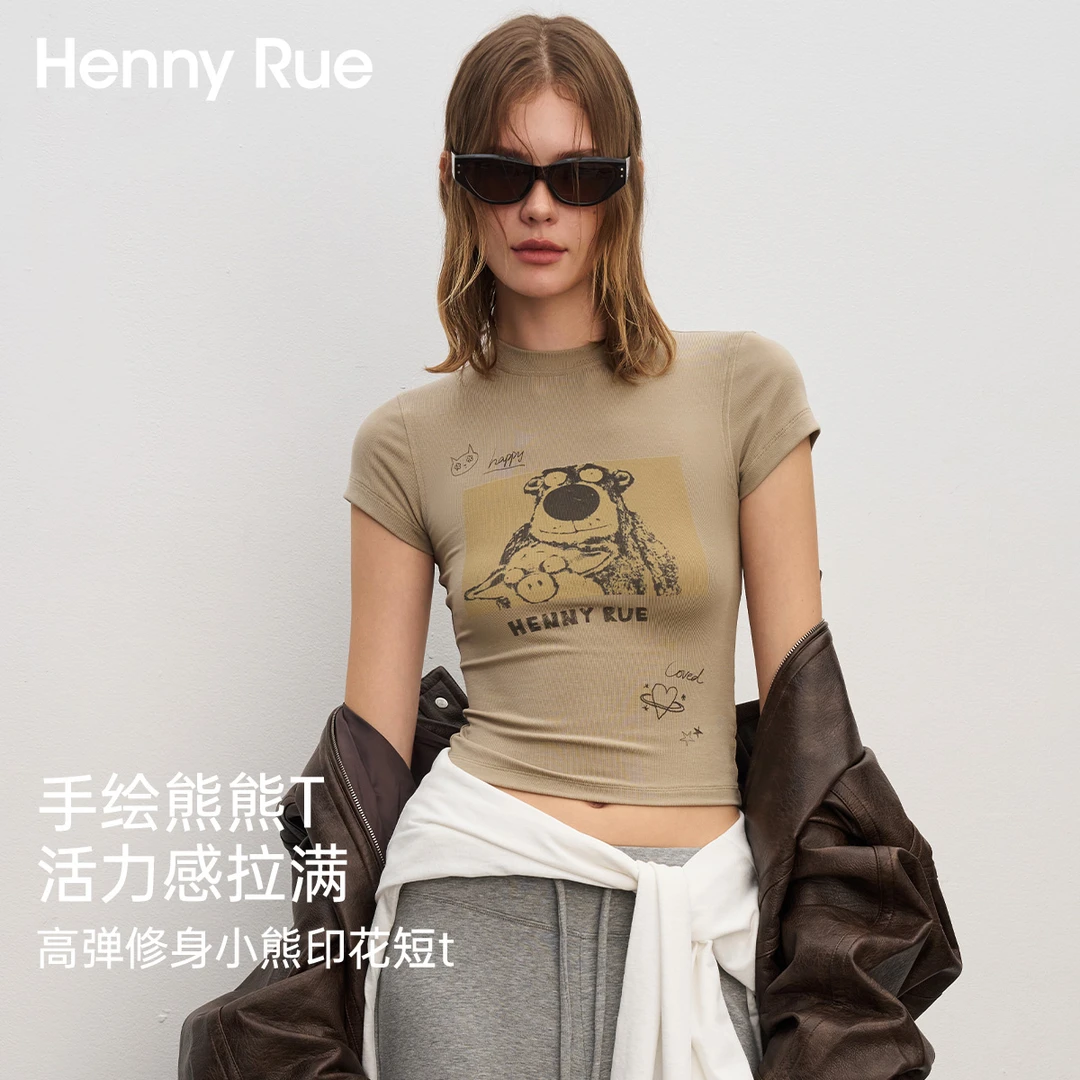 HennyRue亨尼露高弹修身小熊短袖修身型常规T恤纯欲风辣妹25509