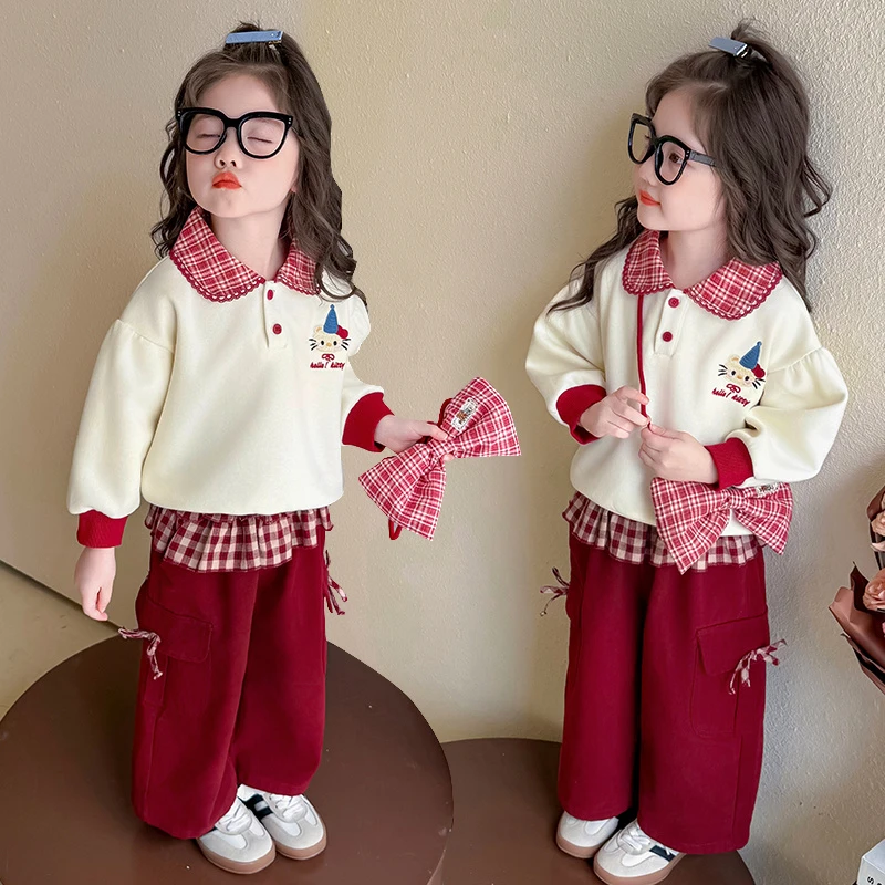 女童红格子领卡通套装秋季2025新款女宝宝可爱猫咪卫衣休闲两件套