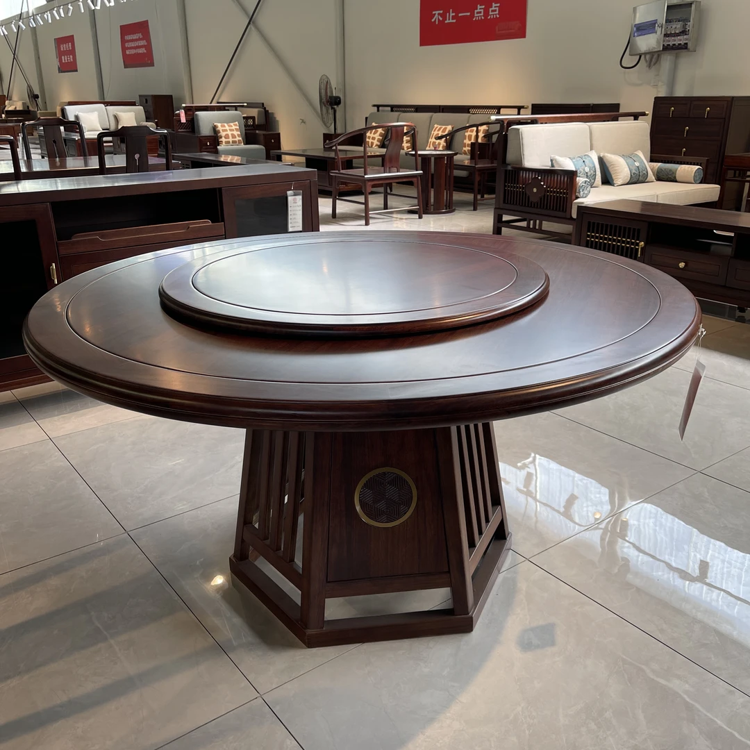 方元家具高品质新中式乌金木圆桌一桌六椅+转盘