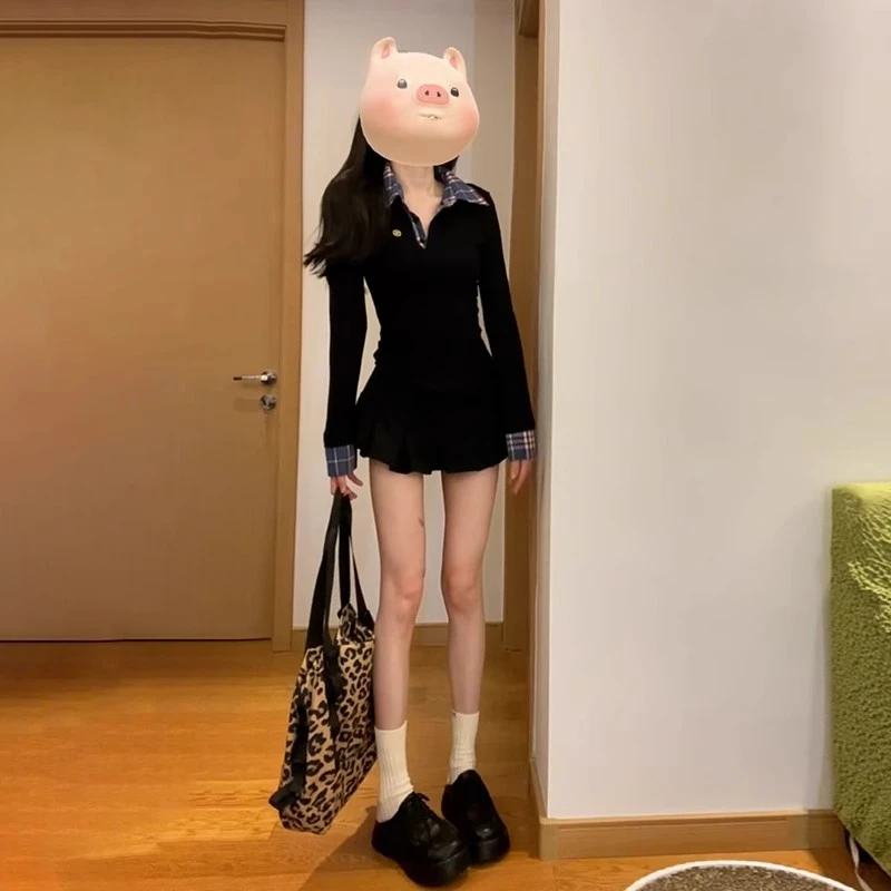学院风黑色Polo领连衣裙子女2025春季新款小个子穿搭一整套装短裙