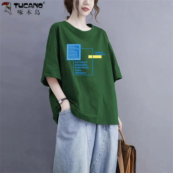 【啄木鳥】100%纯棉短袖T恤女夏季大码上衣宽松休闲韩版百搭半袖