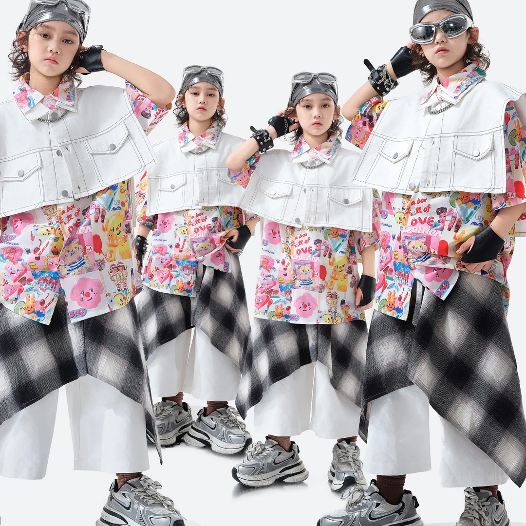 儿童街舞潮服男女孩子潮酷马甲花衬衫嘻哈hiphop架子鼓走秀演出服