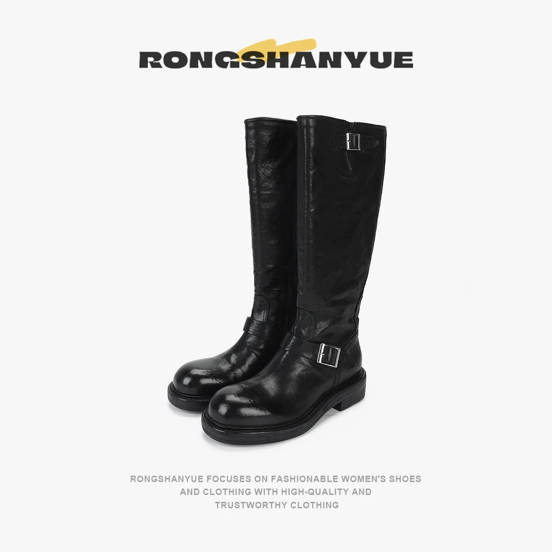 Rongshanyue水洗马皮扣带粗跟高筒厚底长靴女英伦风骑士靴B1102