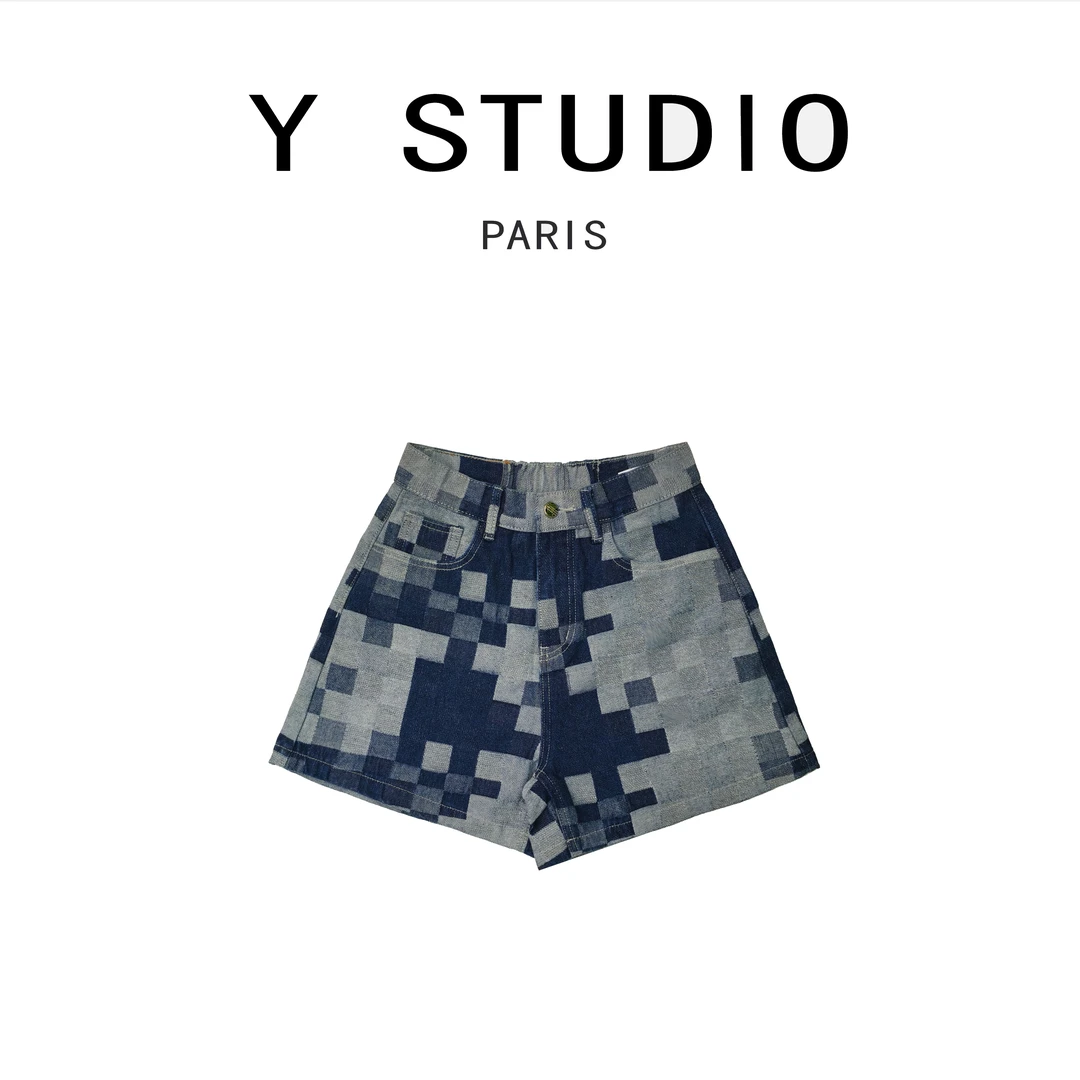 【大妮专属】【渐变棋盘格】2024夏季时尚休闲百搭牛仔短裤BU9974