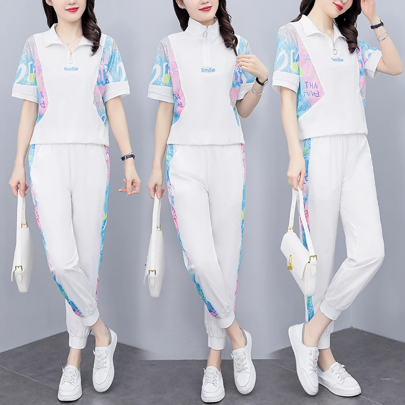 时尚套装女2025夏新款女装显瘦减龄洋气运动休闲两件套束脚裤套装